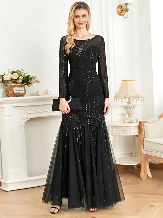 Elegant Long Sleeves Sequin Tulle Evening Dresses