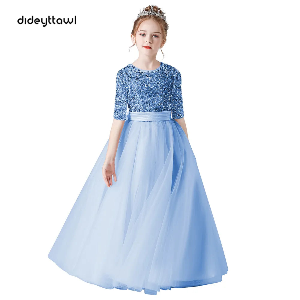 blue sequin Half Sleeves Flower Girl Dresses Bridesmaid Sequins Tulle Pageant Dress