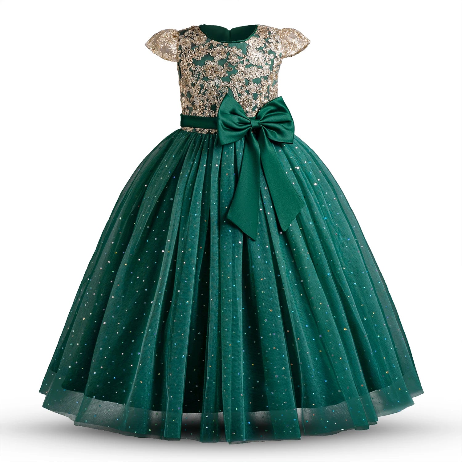 Green and beige flower girl dress
