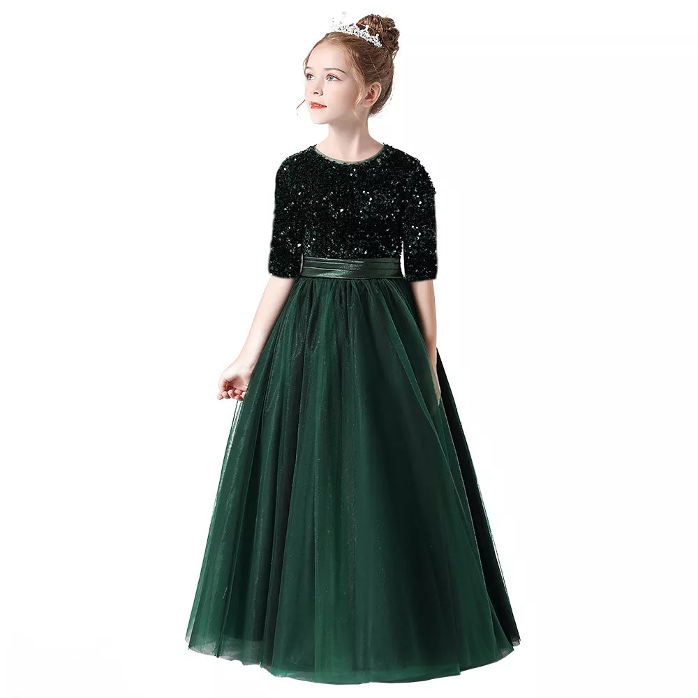 Green Half Sleeves Flower Girl Dresses Bridesmaid Sequins Tulle Pageant Dress