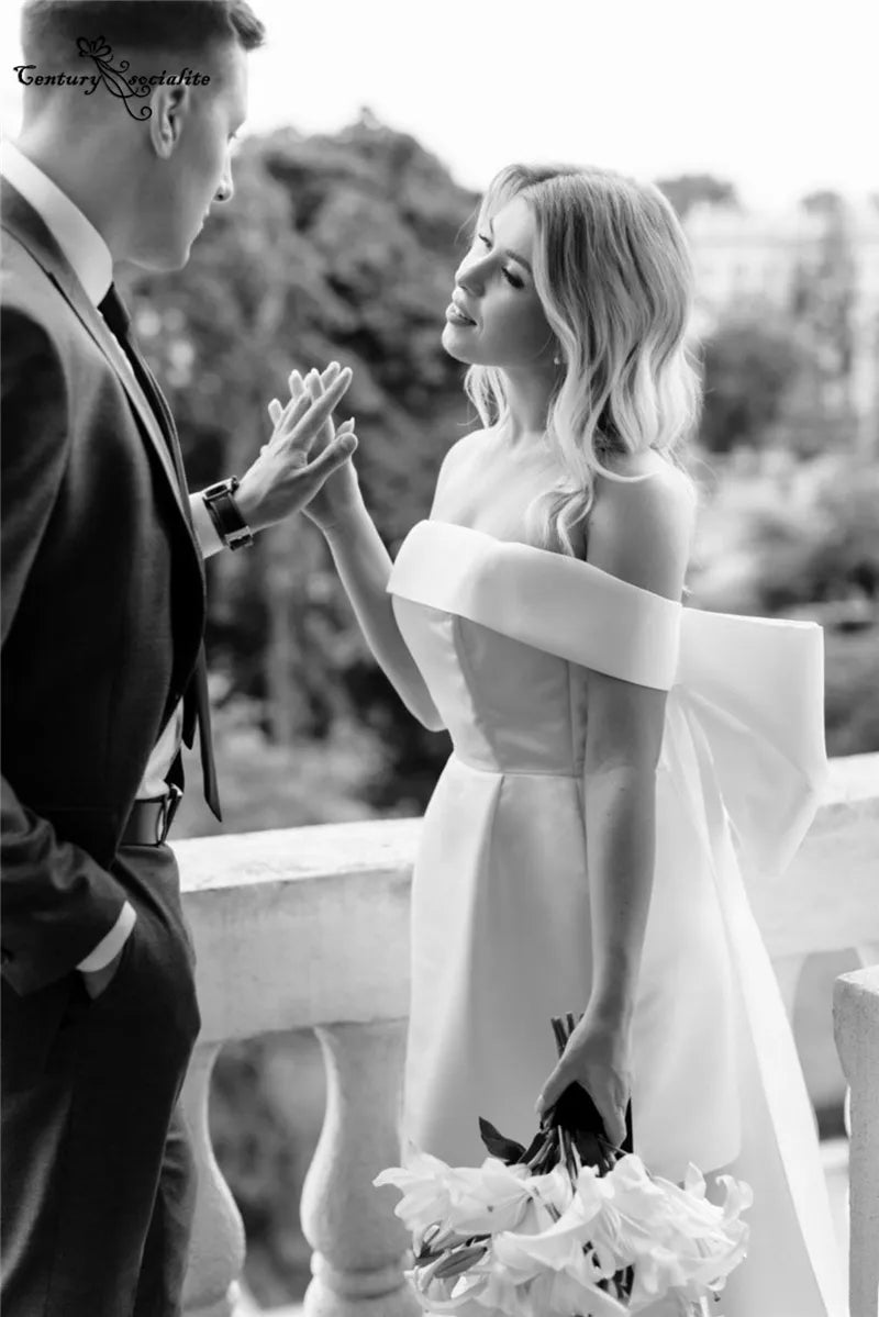 short wedding dress with big bow A-line Short Wedding Dress With Big Bow,Off The Shoulder Satin Wedding