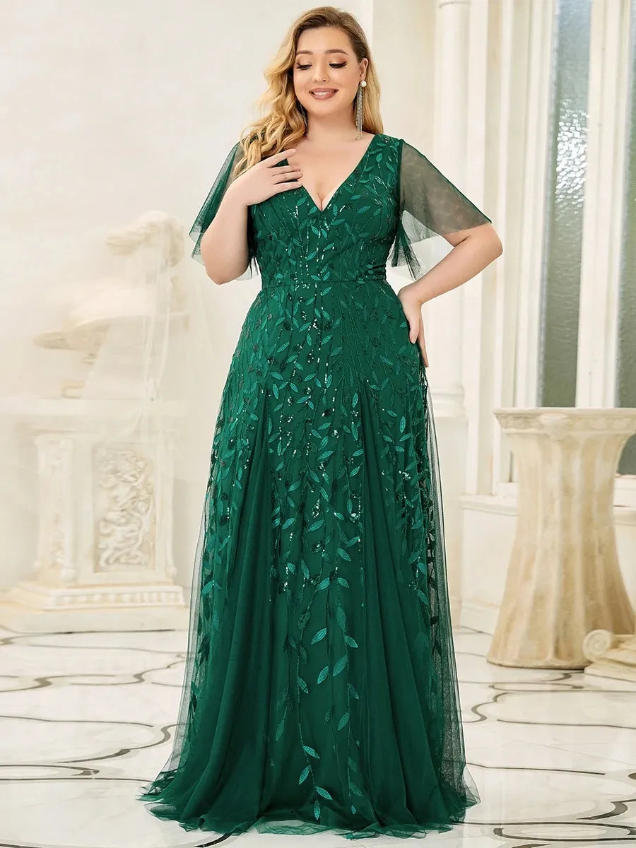 Plus Size Evening Dresses Long A-LINE V-Neck Half Sleeves Floor-Length Dress Dark Green / 4 / Floor Length Plus Size Evening Dresses Long A-LINE V-Neck Half Sleeves Floor-Length Dress Dark Green / 4 / Floor Length