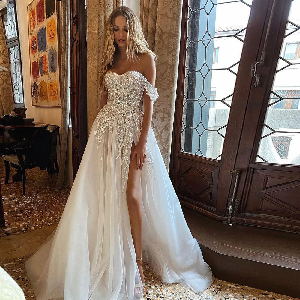 wedding dresses with crystals beading Boho Crystal Off the Shoulder Lace Appliques White / 16 INSPIRE CHIC Satin Shrug line wedding dress shore Colors:Black Nude