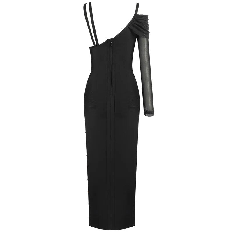 High Quality Black Long Sleeve One Shoulder Open Fork Rayon Bandage Dress