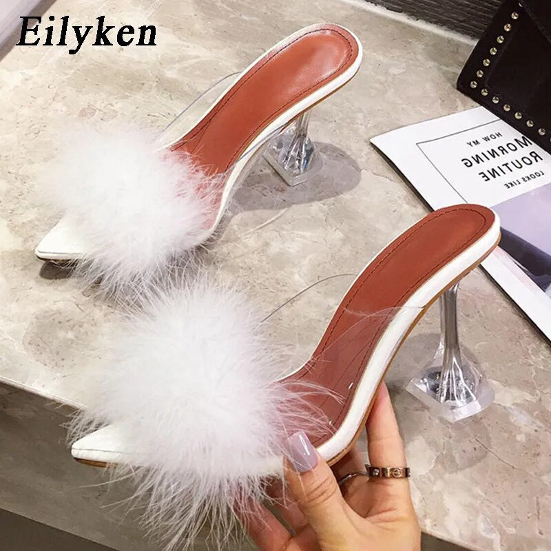 white Transparent Feather Crystal High Heels 