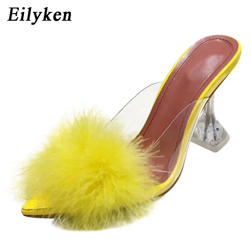 Transparent Feather Crystal High Heels Fur Peep Toe Slippers Slides Shoes