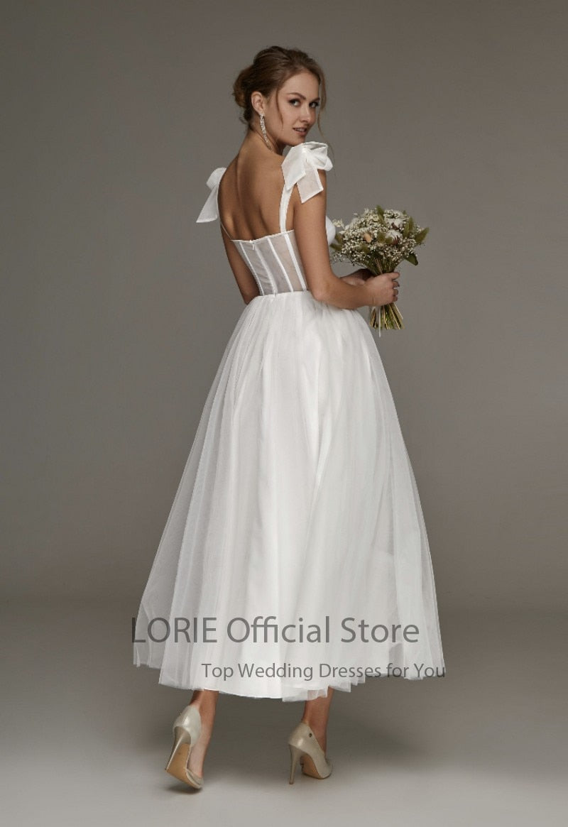 Short Wedding Dresses Modern Boning Spaghetti Strap A Line Tea Length White Bridal Gown