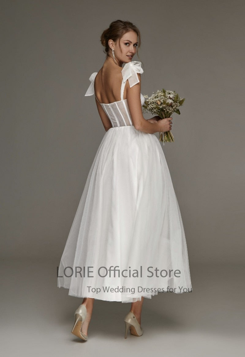 Short Wedding Dresses Modern Boning Spaghetti Strap A Line Tea Length White Bridal Gown - Champagne / 16W Short Wedding Dresses Modern Boning Spaghetti Strap A Line Tea Length White Bridal Gown - Champagne / 16W