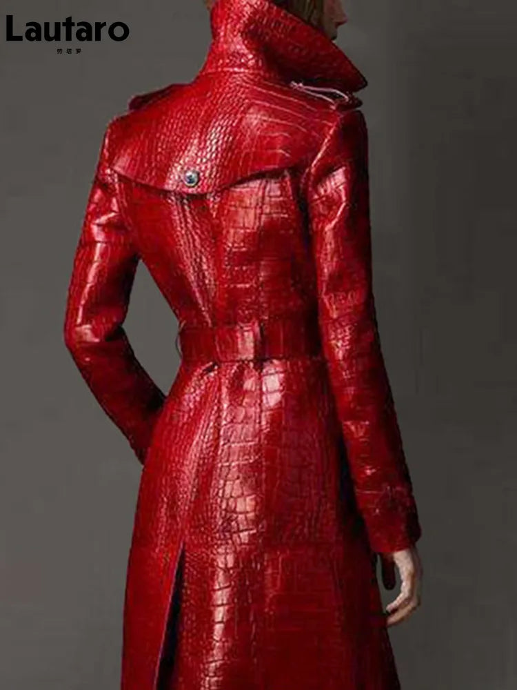 Long Red Crocodile Print Faux Leather Trench Coat