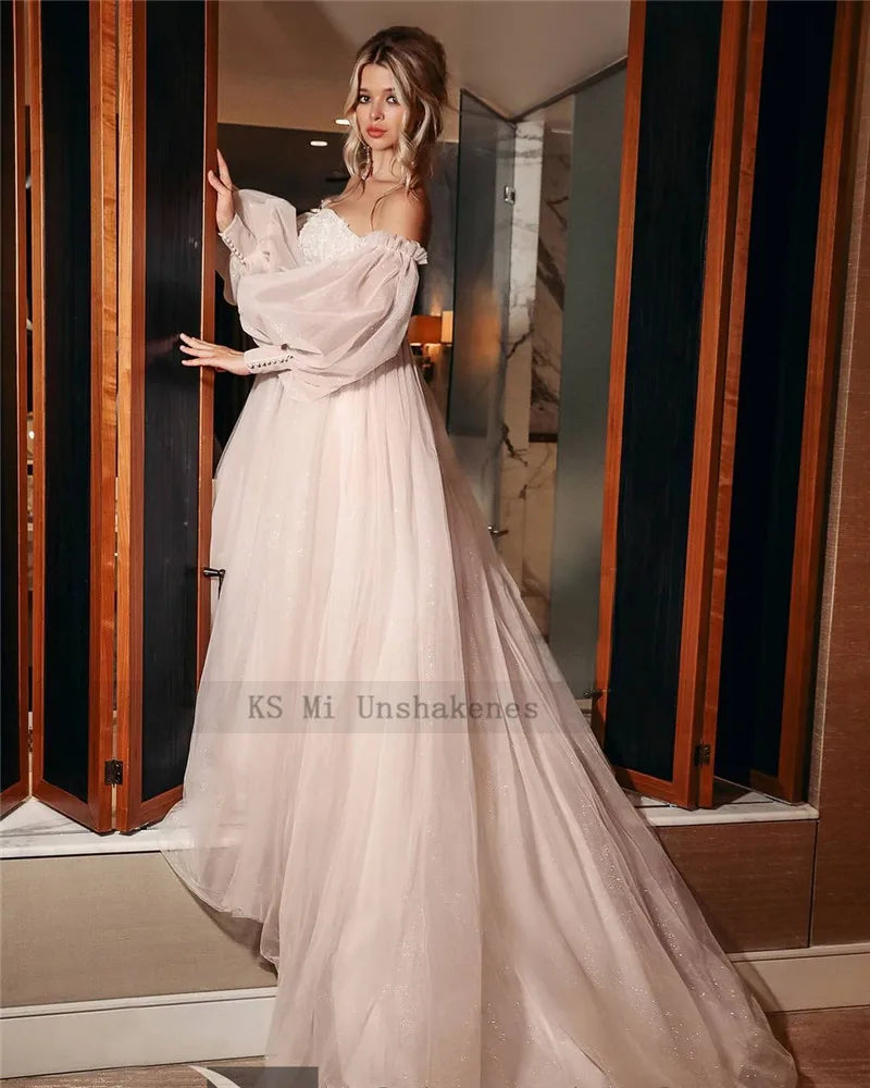 Dirty Pink Boho Wedding Dress Detachable Puff Sleeve Bridal Dresses With Glitter Dirty Pink / 18W Dirty Pink Boho Wedding Dress Detachable Puff Sleeve Bridal Dresses With Glitter Dirty Pink / 18W