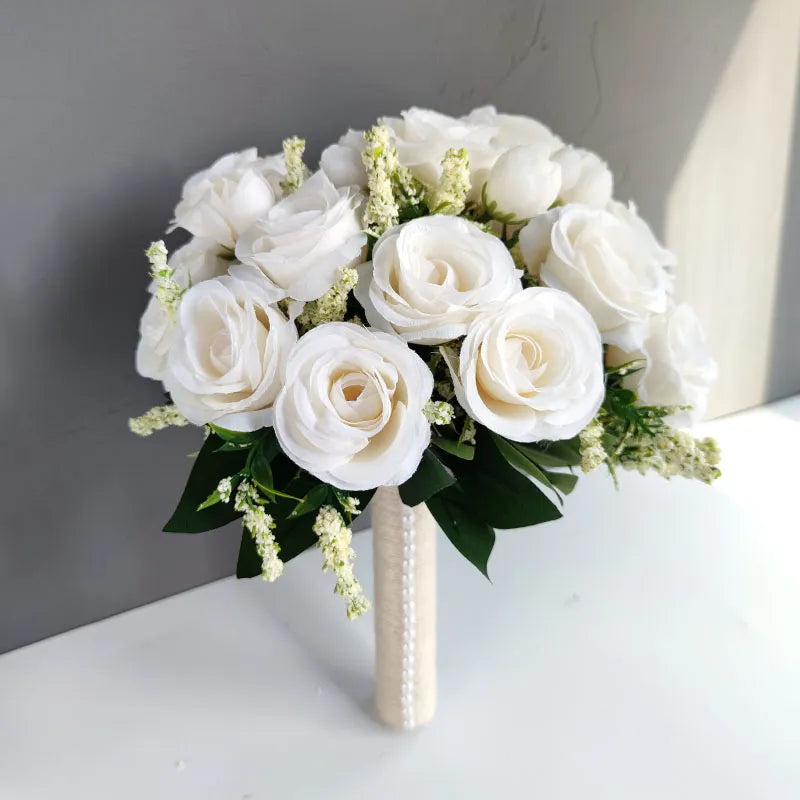 Bridal Bridesmaid Wedding Bouquet White Silk Flowers Roses