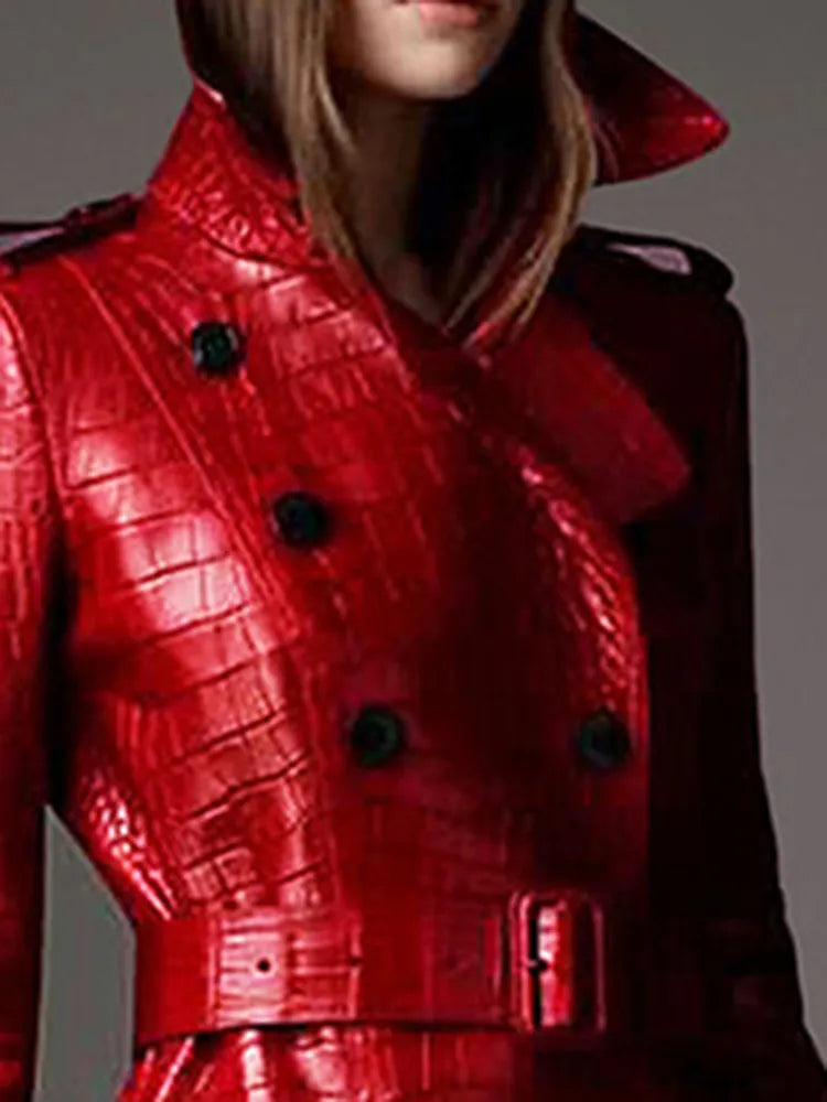 Long Red Crocodile Print Faux Leather Trench Coat