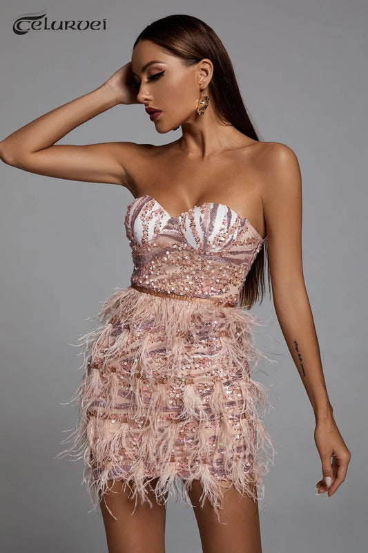 Pink Sequin Feather Mini Dress Fashion Strapless Cute Dress