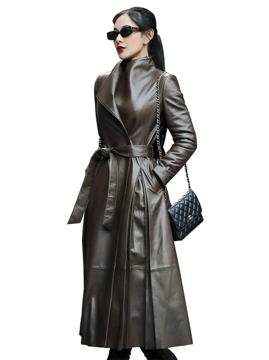 Long Brown Black Soft Faux Leather Trench Coat