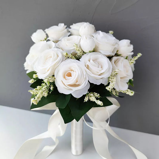 Bridal Bridesmaid Wedding Bouquet White Silk Flowers Roses