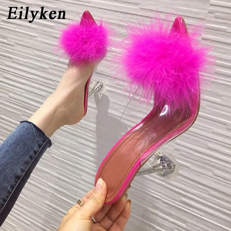 pink Transparent Feather Crystal High Heels 