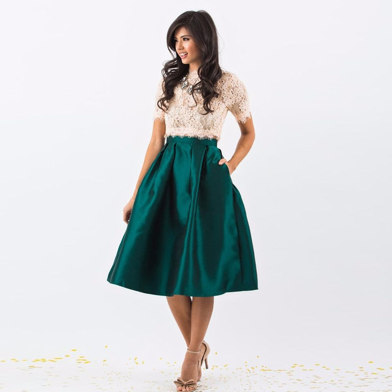 Best Quality Emerald Green Satin Skirt High Waist Knee Length Pleated Midi Skirt Sky Blue / L Best Quality Emerald Green Satin Skirt High Waist Knee Length Pleated Midi Skirt Sky Blue / L
