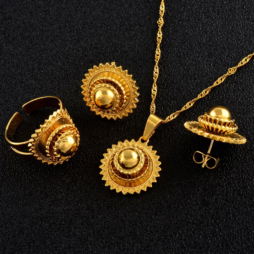 Eritrean Ethiopian Small set Jewelry Necklace Earrings Ring Gold Color