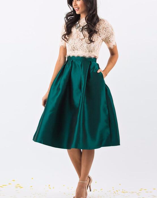 Best Quality Emerald Green Satin Skirt High Waist Knee Length Pleated Midi Skirt
