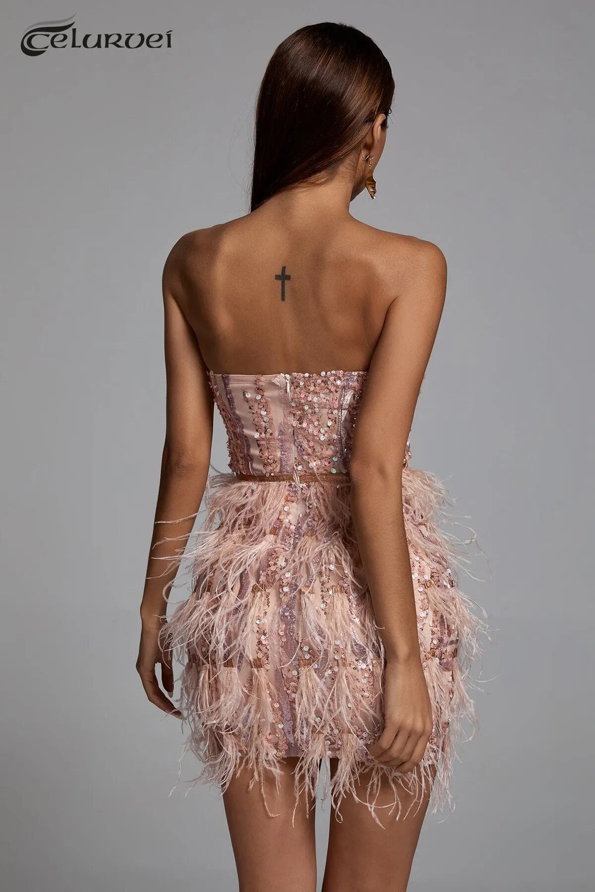 Pink Sequin Feather Mini Dress Fashion Strapless Cute Dress