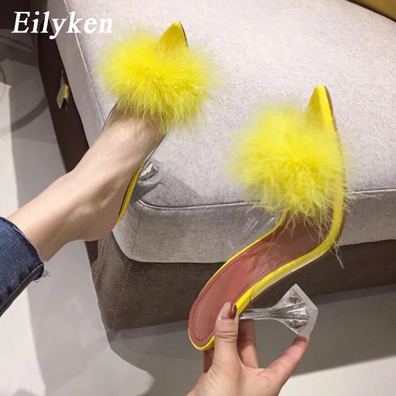 Transparent Feather Crystal High Heels Fur Peep Toe Slippers Slides Shoes