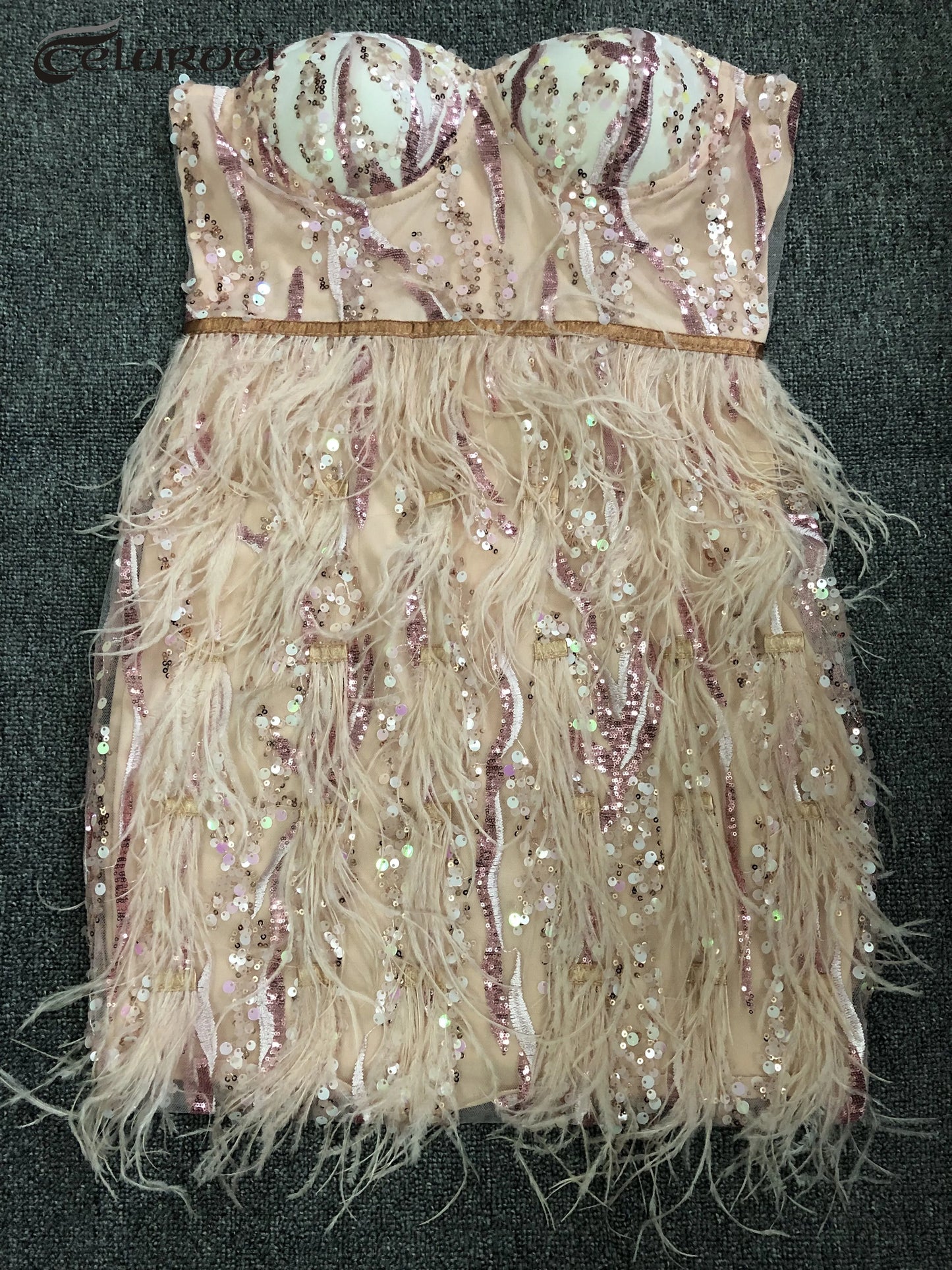 Pink Sequin Feather Mini Dress Fashion Strapless Cute Dress