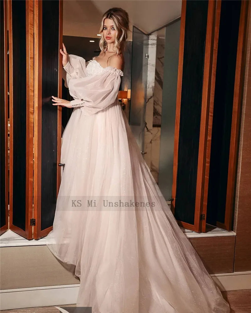 Dirty Pink Boho Wedding Dress Detachable Puff Sleeve Bridal Dresses With Glitter