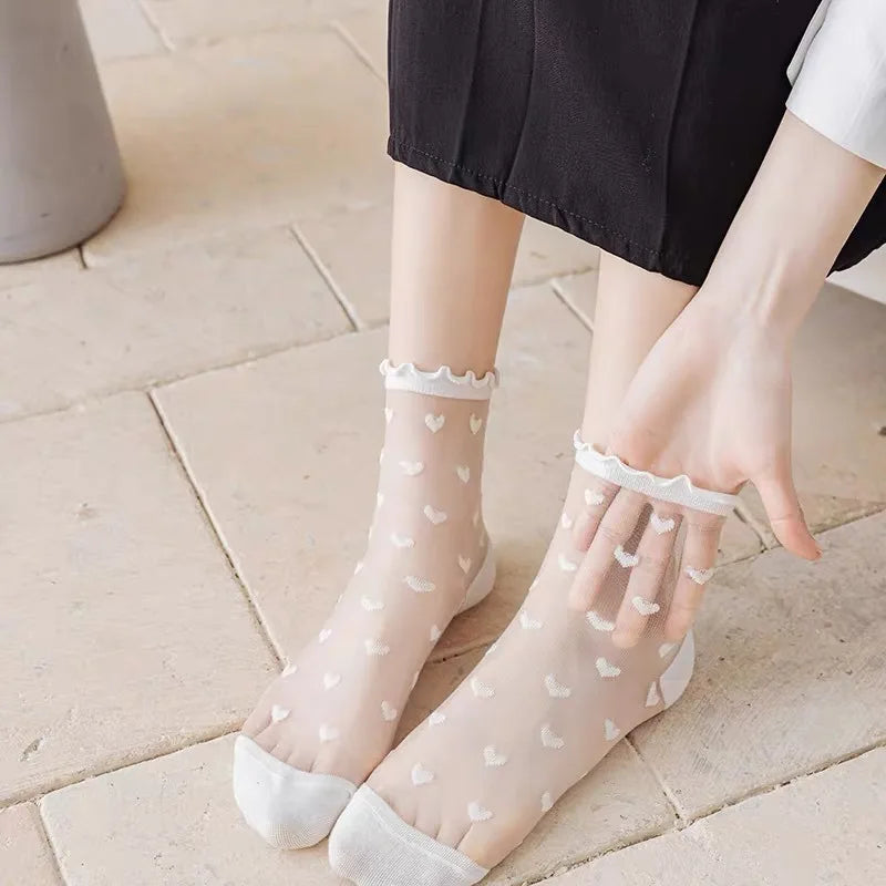 French Lace Socks Sexy Ruffled Love Heart Pattern Transparent Sheer Mesh