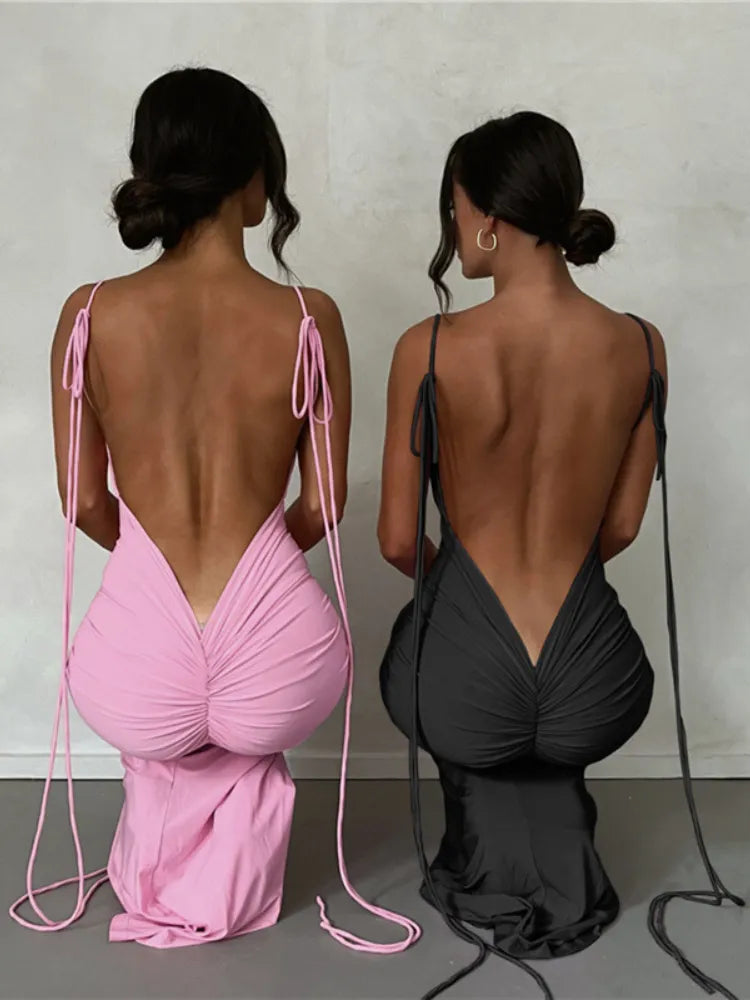 Backless Maxi Spaghetti Strap Ruched Bodycon  Party Dress