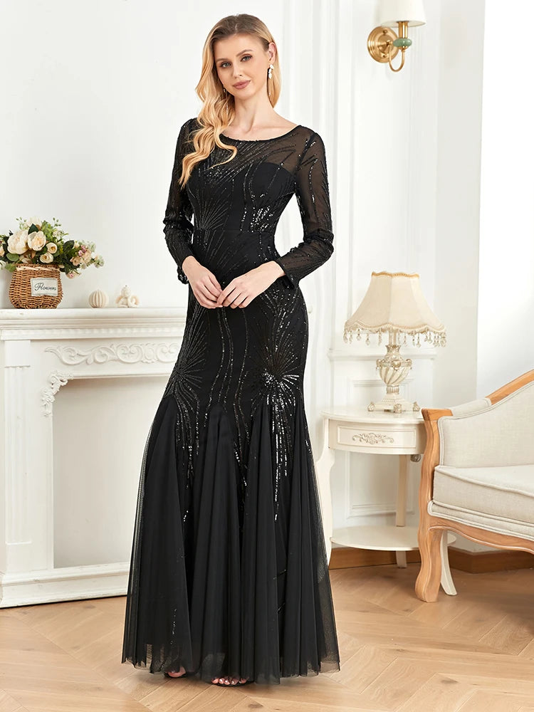Elegant Long Sleeves Sequin Tulle Evening Dresses