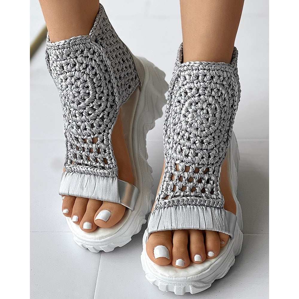 Sandals Unique Braided Geometric Wedge Sandals Knitted Elastic Summer Shoes Mesh Flat Sandals Hollow