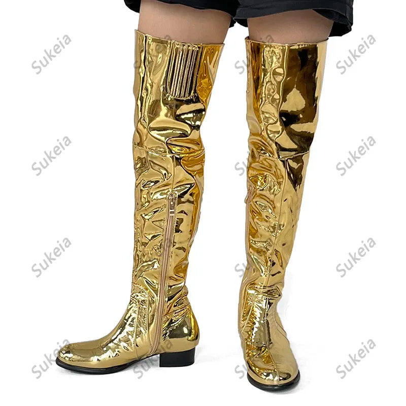 Patent Handmade Over Knee Boots Flat With Heels