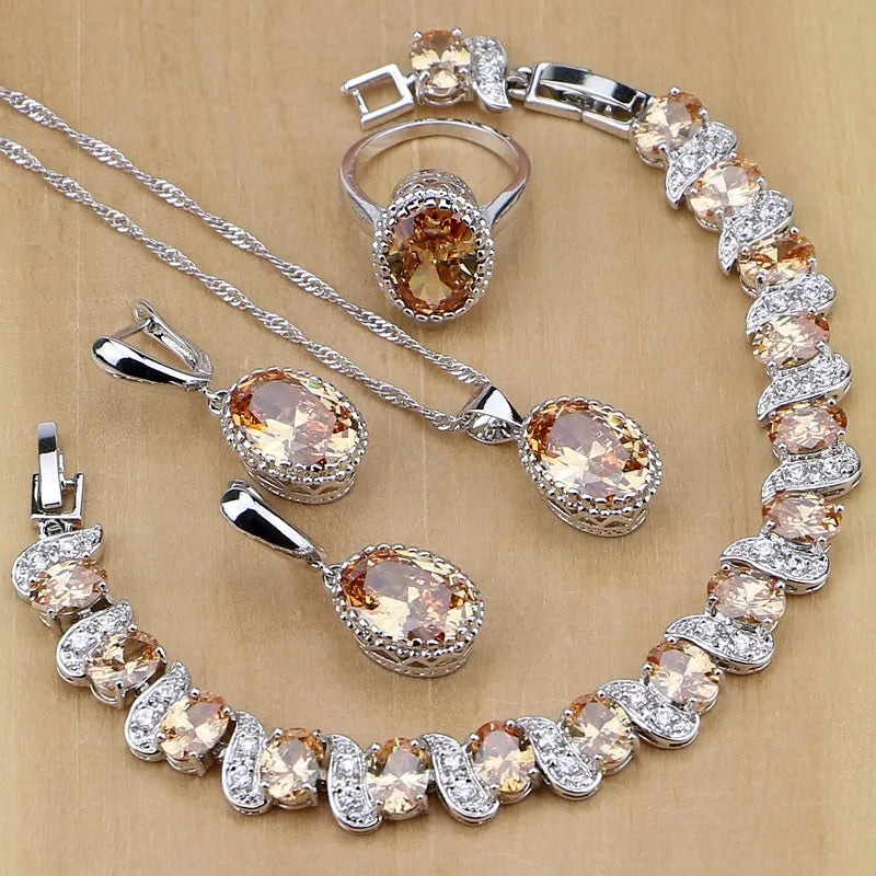 Silver 925 Bridal Jewelry Champagne Zircon Jewelry Sets