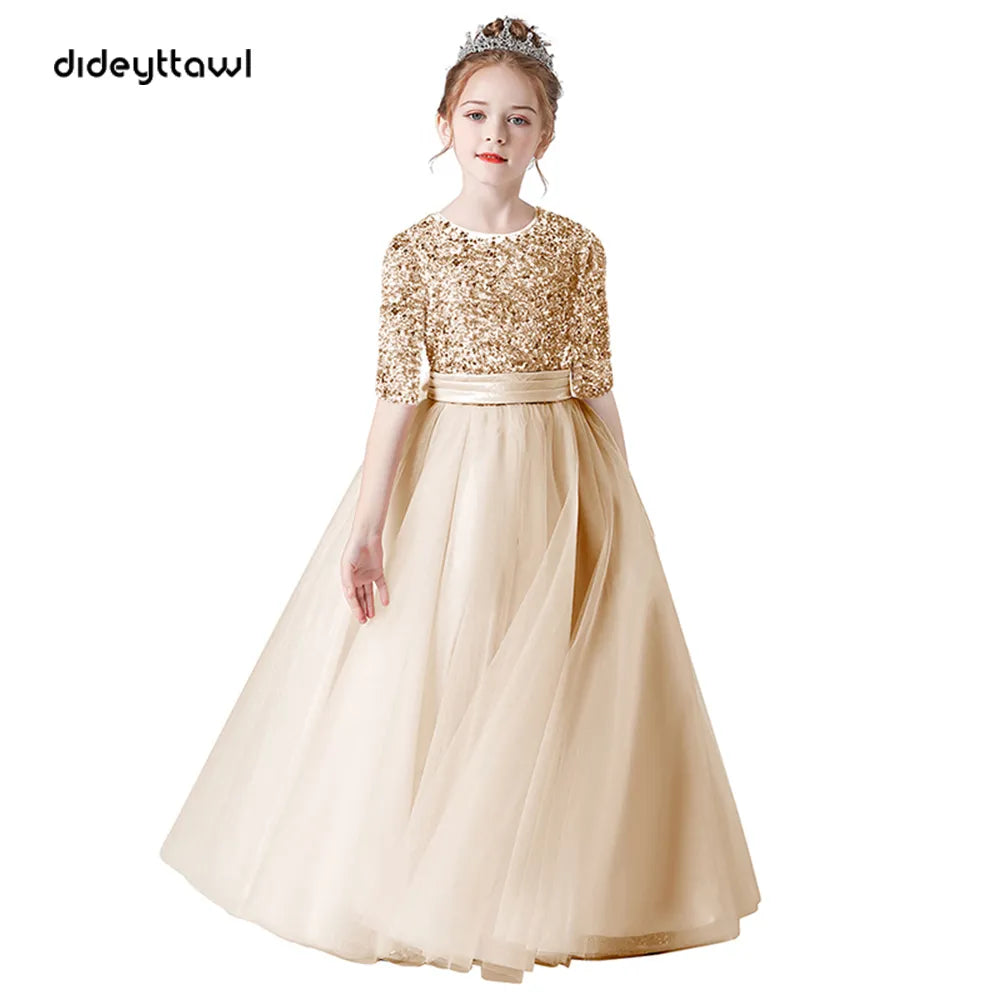 Half Sleeves Flower Girl Dresses Bridesmaid Sequins Tulle Pageant Dress