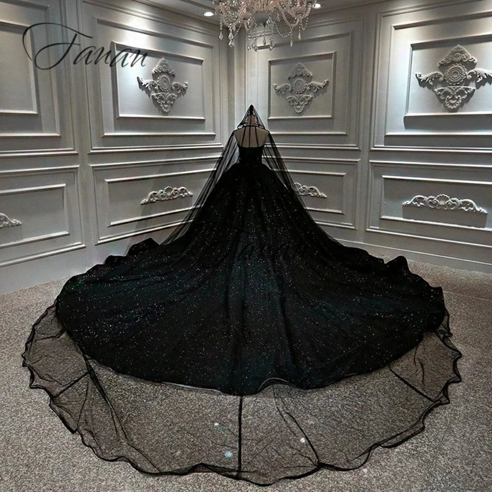 Crystals Black Wedding Dresses Lace Appliques Ball Gown