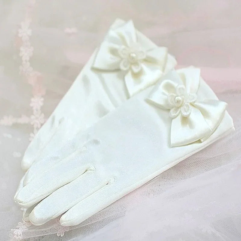 Sweet Satin Flower Child Gloves White Gloves for Kids