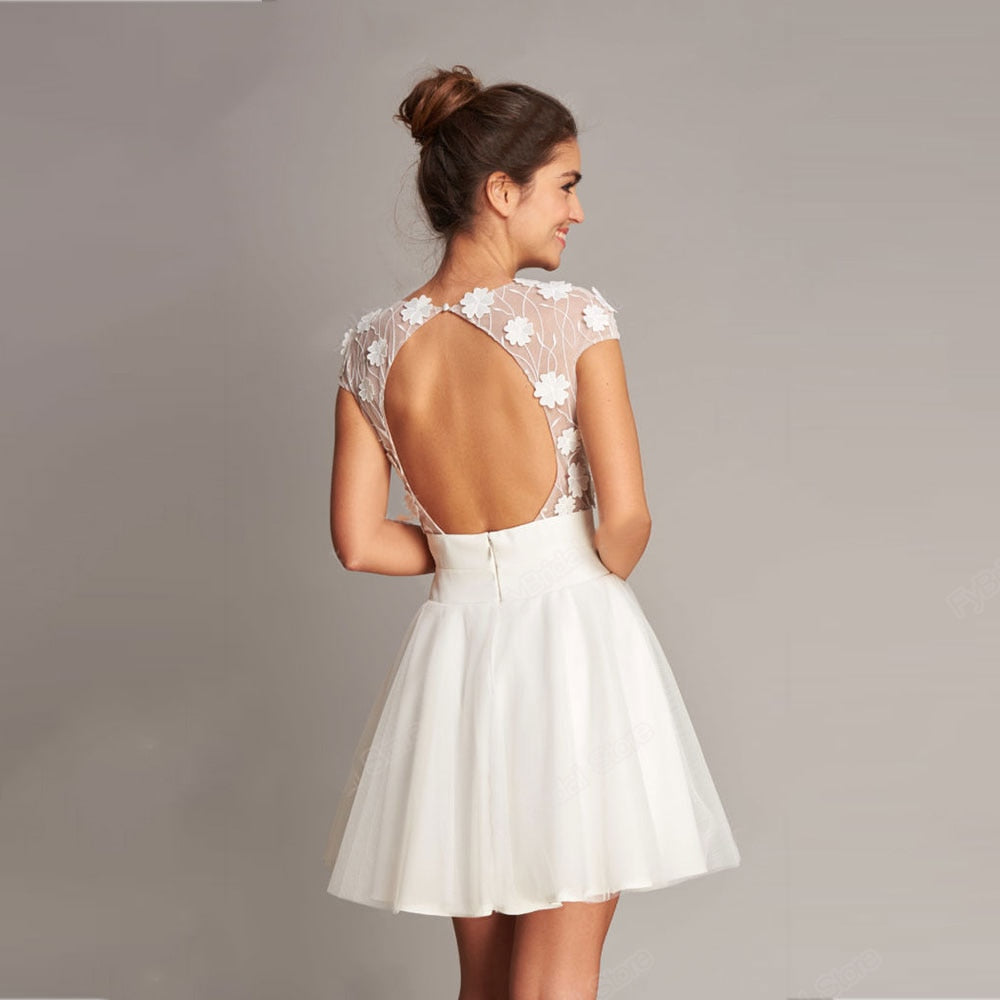 Princess Mini Short Wedding Dresses Flower Romantic Skirt O Neck Cap Sleeve Backless