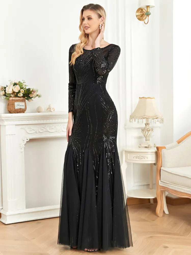 Elegant Long Sleeves Sequin Tulle Evening Dresses