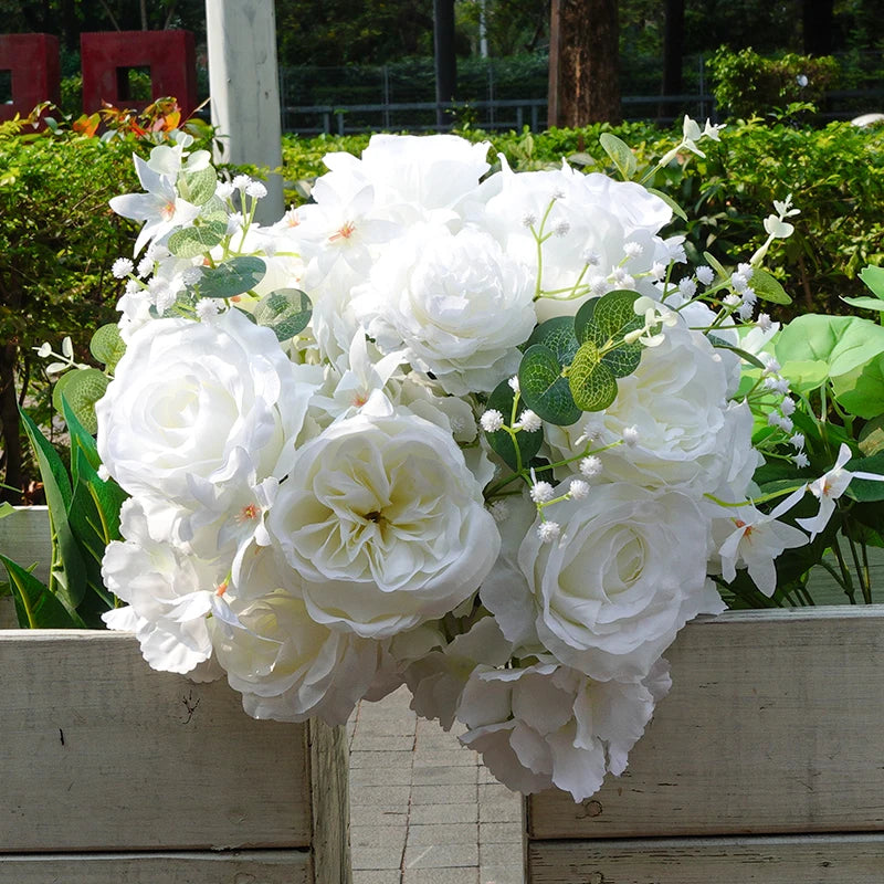 White Baby Breath Rose green leaf Artificial Flower Ball