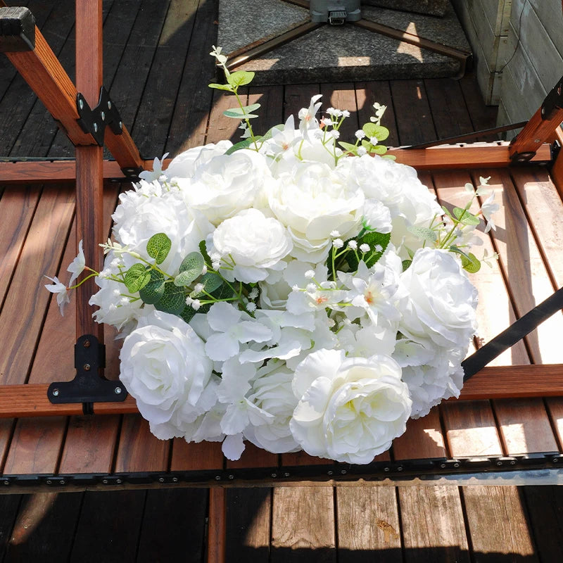 White Baby Breath Rose green leaf Artificial Flower Ball