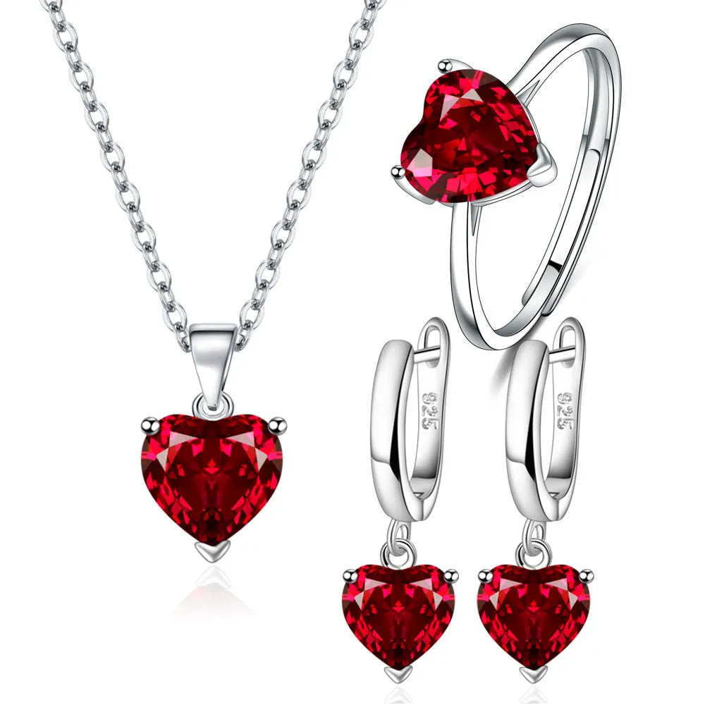 Red 925 Sterling Silver Jewelry Sets Heart Zircon Ring Earrings Necklace set