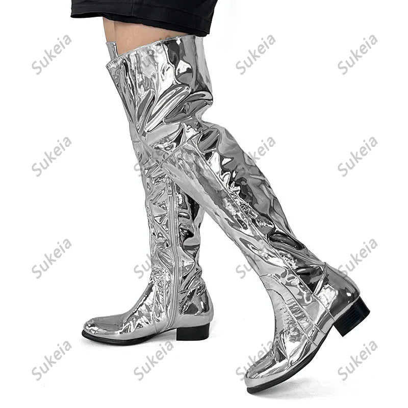 Silver Patent Handmade Over Knee Boots Flat With Heels