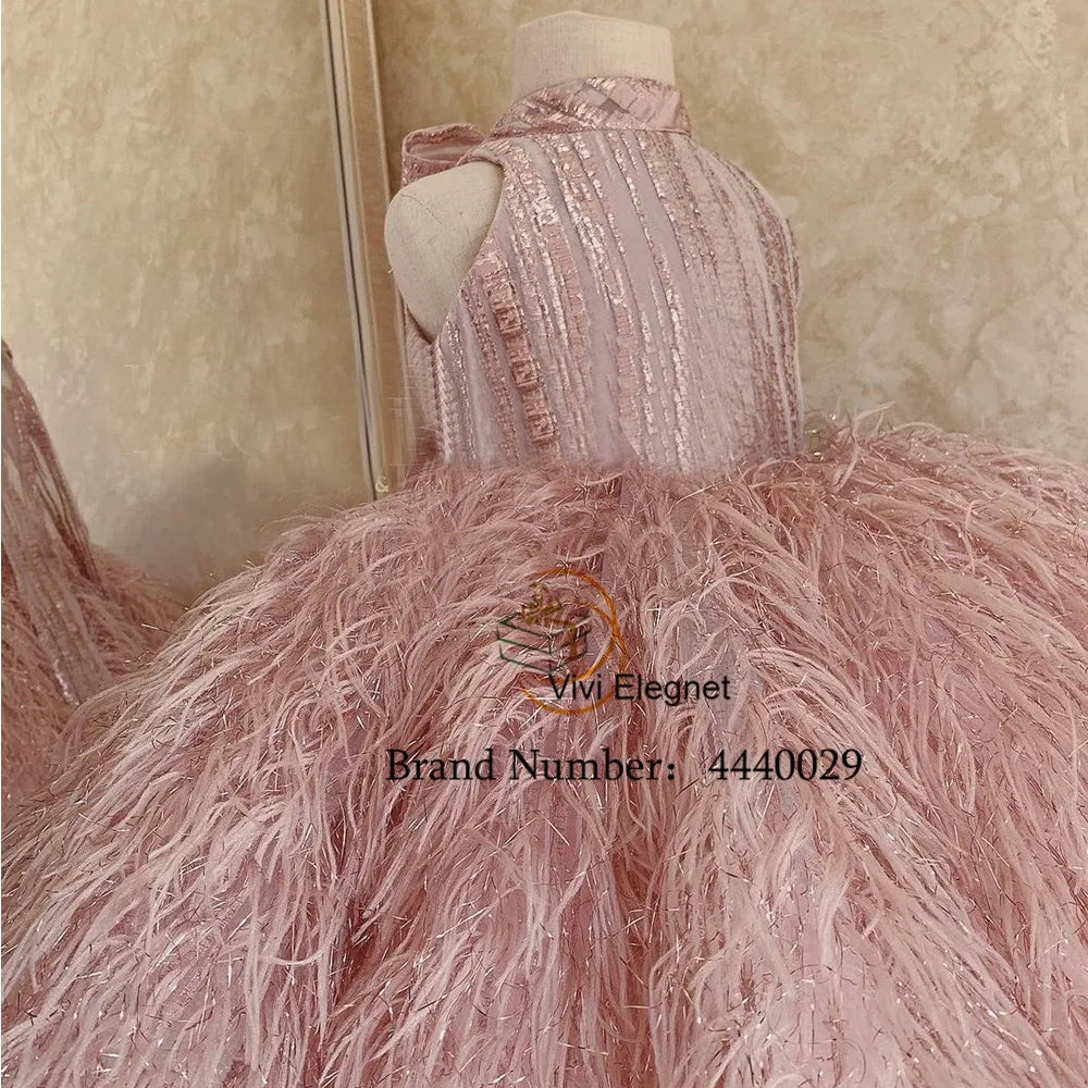 Tiered Champagne Flower Girl Dresses with Sequined Feather
