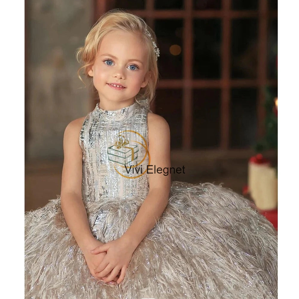 Tiered Champagne Flower Girl Dresses with Sequined Feather