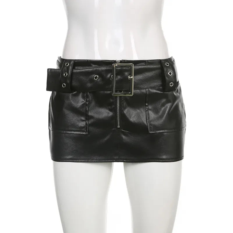 Slim Pu Leather Skirt Below The Navel With Sashes