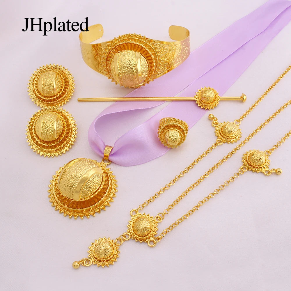Jewelry Set Bride Wedding party trendy gifts Ethiopia gold plated Necklace earrings bracelet ring Hairpin