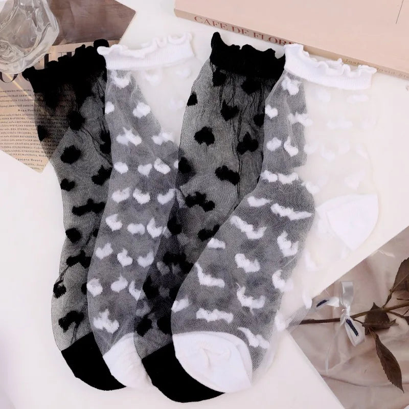 French Lace Socks Sexy Ruffled Love Heart Pattern Transparent Sheer Mesh