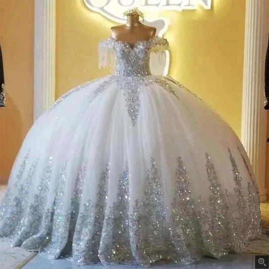 Sparkly Silver Lace Ball Gown Quinceanera Dresses