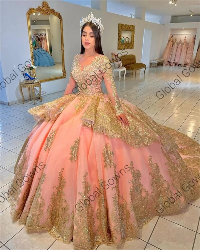 Princess Pink Sweetheart Ball Gown Quinceanera Dress Beaded Tiered Sequined