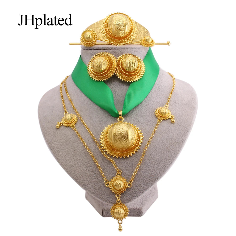 Jewelry Set Bride Wedding party trendy gifts Ethiopia gold plated Necklace earrings bracelet ring Hairpin